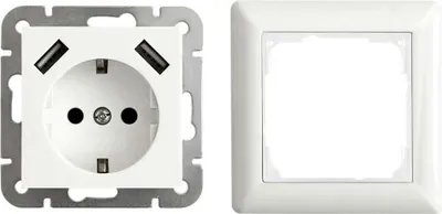 Produktbild von USB Schutzkontakt Steckdose 2 x USB Anschluss 2800mA Unterputz Modell 55 mit Rahmen reinweiß glänzend