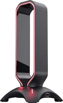 A black headset stand with red LED lighting, shown against a white background.