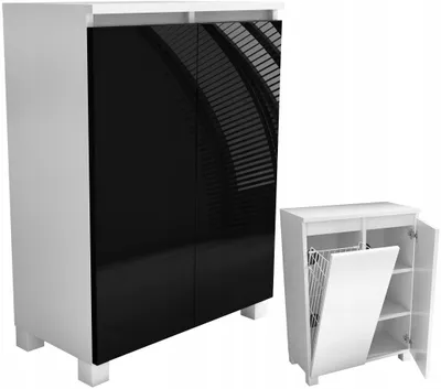 Zdjęcie produktu dla szafka komoda do łazienki z koszem cargo na pranie 60 60cm czarny połysk