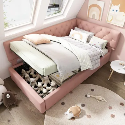 A child's bedroom with a pink tufted bed featuring hidden storage.