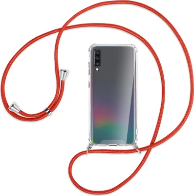 Produktbild von Handykette Backcover-Schutzhülle mit Band (Metall silberfarben) für Samsung Galaxy A70 - rot