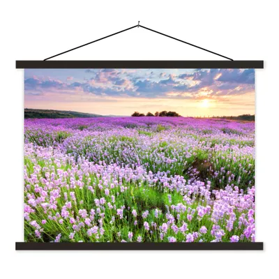 Produktbild von MuchoWow® Textilposter Blumen - Lavendel - Lila - Himmel - Sonnenuntergang - Wiese - Natur 40x30 cm mit schwarzem Rahmen - Dekorationen