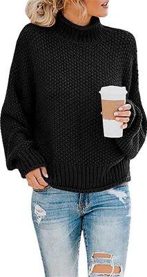Produktbild von ASKSA Damen Strickpullover Einfarbig Rollkragenpullover Pullover Pulli Knit Sweatshirt, Schwarz, L