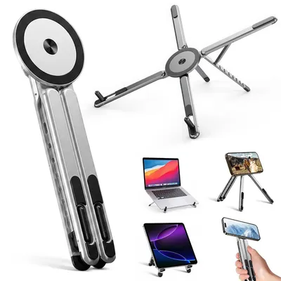 Produktbild von Aluminium Laptopständer faltbar, stabiler Notebook Ständer bis 17 Zoll, ergonomische Laptop Halterung mit Magnet Handyhalter, für Home Office