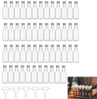 Productafbeelding van Borrelflessen Herbruikbaar - Mini-Sapflessen - Kunststof Flessen - 100 ml - 50 Stuks - Inclusief Trechters
