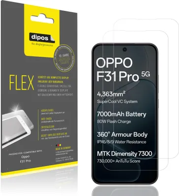 Produktbild von 2x Schutzfolie für Oppo F31 Pro Folie, 100% Displayabdeckung, dipos Flex