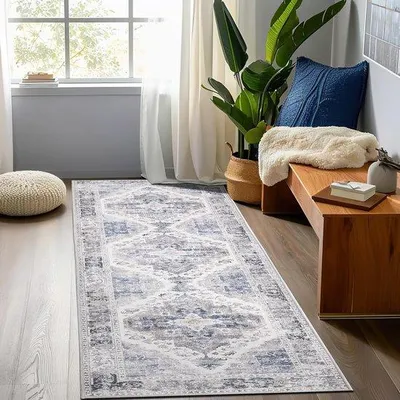 Produktbild von Unyqoos® Teppichläufer 60 x 300 cm Grau – faltbar, rutschfest, Vintage-Design, synthetische Fasern, eleganter langer Läufer für Küche & Wohnzimmer