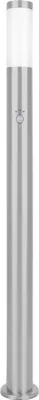 A tall, cylindrical outdoor lamp with a brushed metal finish and a frosted glass top.