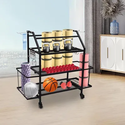 A multi-tiered storage rack filled with various fitness equipment, including yoga mats, kettlebells, foam rollers, a basketball, and boxing gloves, placed in a room with a window view and furniture in the background.