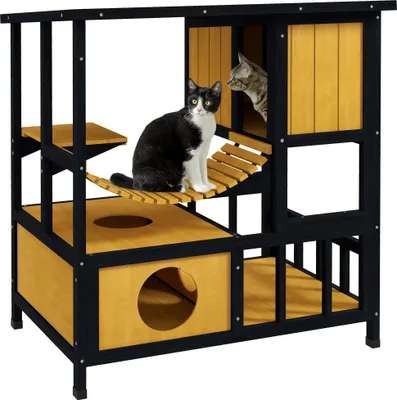 Image de PawHut maison en bois pour chats grotte pour chats villa extérieure, niche en bois pour chats niche pour chats avec pont suspendu, toit, pour 1-2 chats jusqu'à 5 kg, jaune