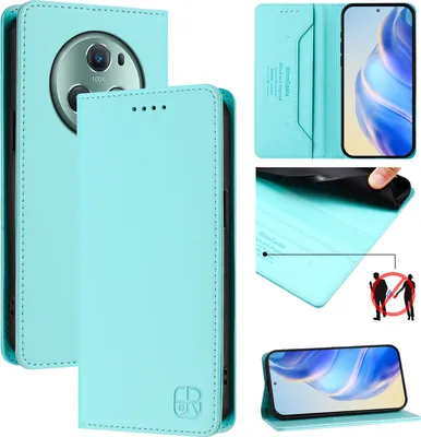 Produktbild von Lederhülle für Honor Magic5 Pro Hülle Flip Brieftasche Kartenfächern Ständer Schutzhülle Türkis
