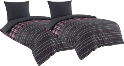 Produktbild von 4 tlg Baumwolle Renforce Bettwäsche 155x220 Grau Brombeer Gestreift Wendefunktion Jonas