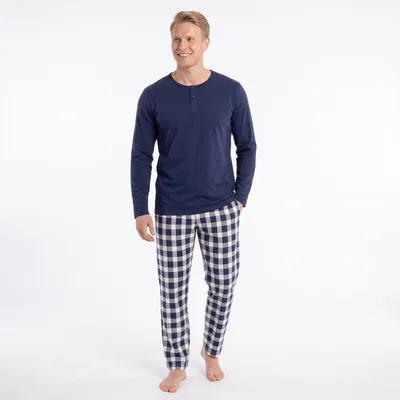 Produktbild von GAUBERT GB-2551 Herren Schlafanzug lang aus 100 % Baumwolle, Henley-Kragen, dunkelblau mit karierter Hose, Größe XXL