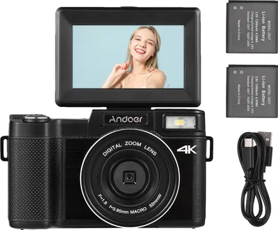 Produktbild von Tragbare Digitalkamera von Andoer mit drehbarem 3,0-Zoll-TFT-Bildschirm, 48 MP, 4K Ultra HD, 16-facher Zoom, Unterstuetzung fuer 128 GB erweiterten Speicher, Anti-Shaking mit 2 Batterien und 32 GB Speicherkarte