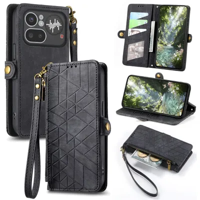 Image de Étui portefeuille à rabat pour Nothing Phone 4a Pro, en similicuir, avec fermeture à glissière, noir