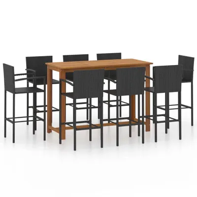 Produktbild von Gartenbar-Set Schwarz 150 x 70 x 105 cm Tisch mit 8 Barhockern aus Poly Rattan und Stahl