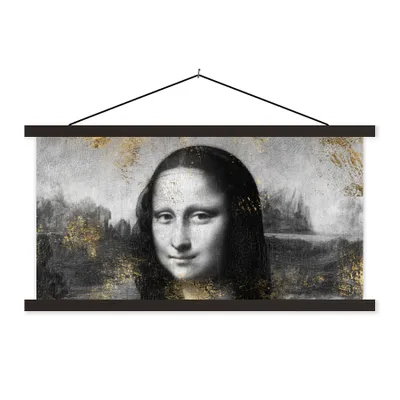 Produktbild von MuchoWow® Textilposter Mona Lisa - Da Vinci - Schwarz - Weiß - Gold 90x45 cm mit schwarzem Rahmen - Klemmleisten