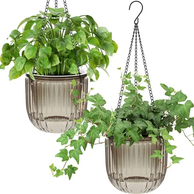 Obrázok produktu pre Sada 2 samozavlažovacích závesných kvetináčov, závesných svietidiel, kvetináčov a rastlín, 16,5 cm, závesné kvetináče do interiéru s 3 háčikmi, odtokové otvory pre použitie v interiéri aj exteriéri, stropy, balkóny