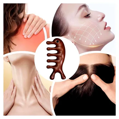 Produktbild von Holz-Massagekamm für Kopf- und Gesichtsmassage – Körperpeeling für Nacken, Reisen und Zuhause