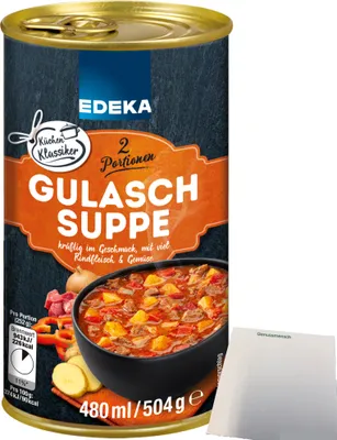 Produktbild von Edeka Gulaschsuppe kräftig im Geschmack mit viel Rindfleisch Kartoffeln und Gemüse (480ml Dose) + usy Block