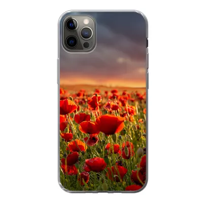Produktbild von MuchoWow® Handyhülle Schutzhülle Hülle für iPhone 12 Pro Max Sonnenuntergang über einem Feld von Mohnblumen Silikon Softcase Handy Hülle - Hartschale
