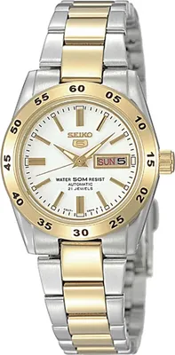 A studio shot of a two-tone Seiko 5 watch.