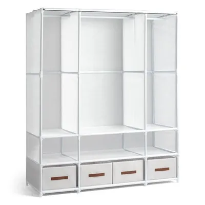 Produktbild von Kleiderschrank aus Vliesstoff – dreistöckiger Hängeschrank – Kleiderschrank – mit Aufbewahrungsboxen und Vorhang – 144 x 45 x 166,5 cm – weiß