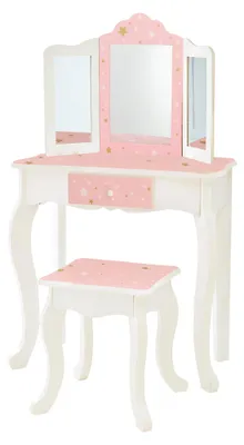 Produktbild von Teamson Kids Little Princess Gisele 2-tlg. Glitzernder Stern Prints Spiel Waschtisch-Set mit Dreifachspiegel, passendem Hocker und Aufbewahrungsschublade, Weiß/Rosa/Gold