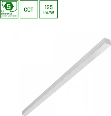 A white linear LED light fixture is shown diagonally against a white background. Above the light fixture are three green squares with white text and symbols.