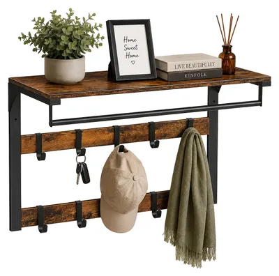 Produktbild von Relaxdays Wandgarderobe 3 in 1, 10 Haken, Kleiderstange, Hutablage, HBT 42 x 65 x 30 cm, Garderobenleiste, braun/schwarz