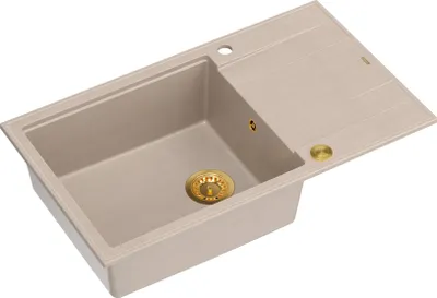 Obrázok produktu pre QUADRON Drez 1-drezový drez | Rozmery: 86 x 50 x 21 cm | EVAN 136 | Kuchynský drez Granitový drez z GraniteQ so sifónom | Béžová a zlatá