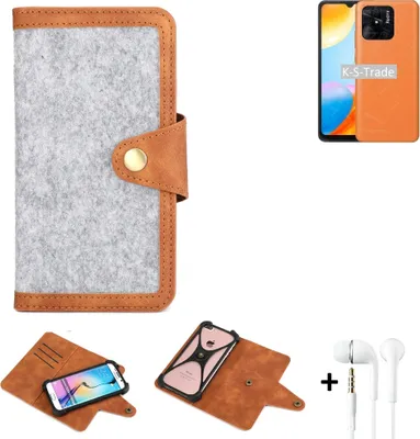 Produktbild von K-S-Trade Handyhülle + Kopfhörer kompatibel mit Xiaomi Redmi 10 Power Schutzhülle Filz Hülle Kunstleder hellgrau braun (1x)