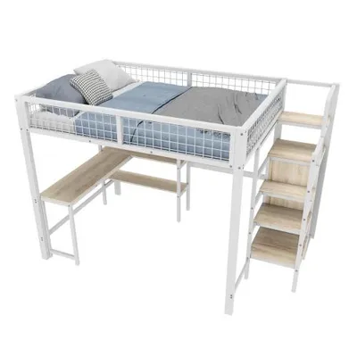 Produktbild von Hochbett mit Lattenrost, Schreibtisch, Rausfallschutz, Schrank, Treppe und Regal, Jugendbett, Einzelbett, Kinderbett (weiß, 140x200 cm)