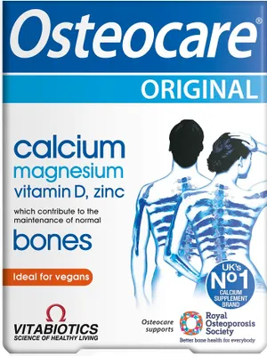 Packaging for Osteocare Original supplement, featuring illustrations of human skeletons and text highlighting product benefits and endorsements.