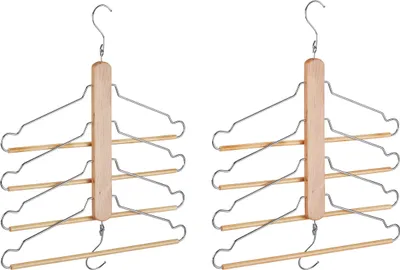 Immagine prodotto di Relaxdays Appendiabiti multipli, set da 2, salvaspazio, 4 grucce con barra per pantaloni, legno, metallo, appendiabiti multiuso, naturale/argento