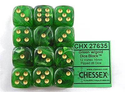 Productafbeelding van Chessex W6x12 dobbelsteen set, Vortex, groen/goud