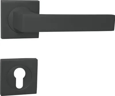 Produktbild von DOMINO Türgriff Drückergarnitur PZ - Profilzylinder Set | mit quadratischen PZ Rosetten| Türklinke für Zimmertür, Bürotür, Kellertür & Innentür| Türbeschläge aus Aluminium| Titan Türdrückergarnitur | QUBIK-QR M8