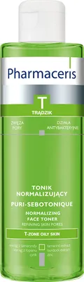 A green bottle of Pharmaceris T Puri-Sebotonique Normalizing Face Toner against a white background.