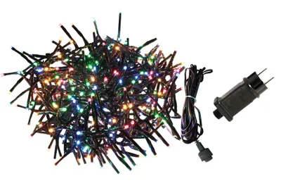 A cluster of colorful LED lights and its power adapter are laid out on a white background.