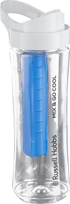 A clear product shot of a water bottle with a blue ice pack inside.
