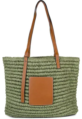 Produktbild von styleBREAKER Korbflecht Schultertasche aus Papierstroh mit Kunstleder Details | Damen Shopper Basttasche geflochten mit Reißverschluss | Strandtasche 43 x 34 x 4 cm