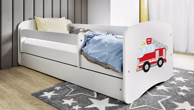Produktbild von Kinderbett Weiß 70x140 80x160 80x180 cm – mit Matratze, Rausfallschutz und Schublade – Jugendbett für Mädchen und Jungen – Stabil und Sicher – Feuerwehrauto – 160x80 cm