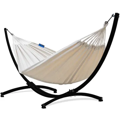 Produktbild von Potenza Outdoor Hängematte mit Gestell für 2 Personen I Baumwolle Doppelhängematte XXL 220x160, 200kg I Schwarz Hängemattengestell 220kg, wetterfest