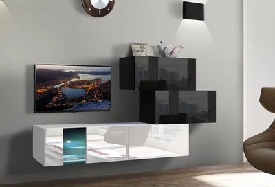 Produktbild von Furnitech Wohnwand Wohnzimmer | Wohnzimmer Möbel mit LED Blau | Hängend Wohnwand Modern | Wohnzimmer Schrankwand mit Regale und TV Schrank (Troja AN85-17BW-HG25-1A)