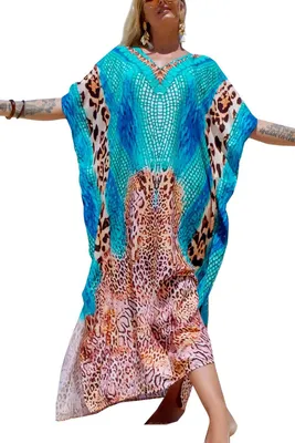 Image de Longue chemise de nuit kaftan, bleu et marron