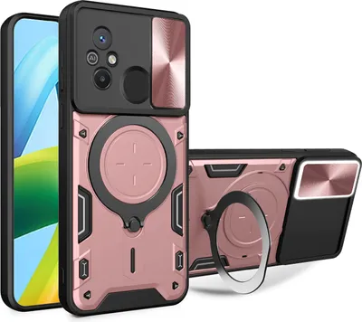 Produktbild von Handyhülle für Xiaomi Redmi 12C  Dual-Layer Stoßfest Rüstung Hülle mit Dia Kameraschutz und Kreisförmig Ring Ständer Roségold
