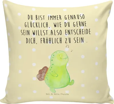 Produktbild von Mr. & Mrs. Panda zier kissen Schildkröte Pfeifen - Gelb Pastell - Geschenk, Trennung, kuschelkissen 40x40, Dekokissen, Sofakissen, Depression, bedruckt, Neuanfang