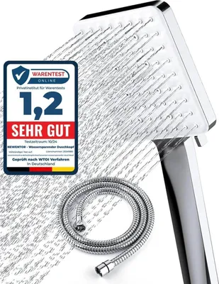 Produktbild von Newentor Duschkopf mit Schlauch 1,5M 6 Strahlarten Handbrause Regendusche Silber