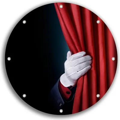 Produktbild von Wallario rundes Outdoor-Poster für Garten oder Balkon, Motiv Vorhang auf für die Show  Hand hinterm roten Vorhang, 30 cm Durchmesser