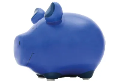 Produktbild von Sparschwein in Blau mit den Maßen Länge 12,5 cm, Breite 9 cm, Höhe 9 cm